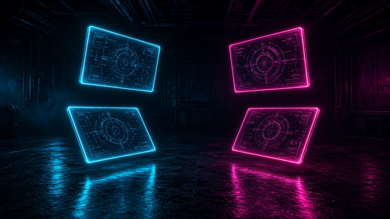 Four glowing panels hovering in a dark room.