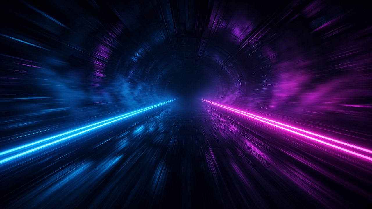 Neon rails of light running into a dark tunnel.