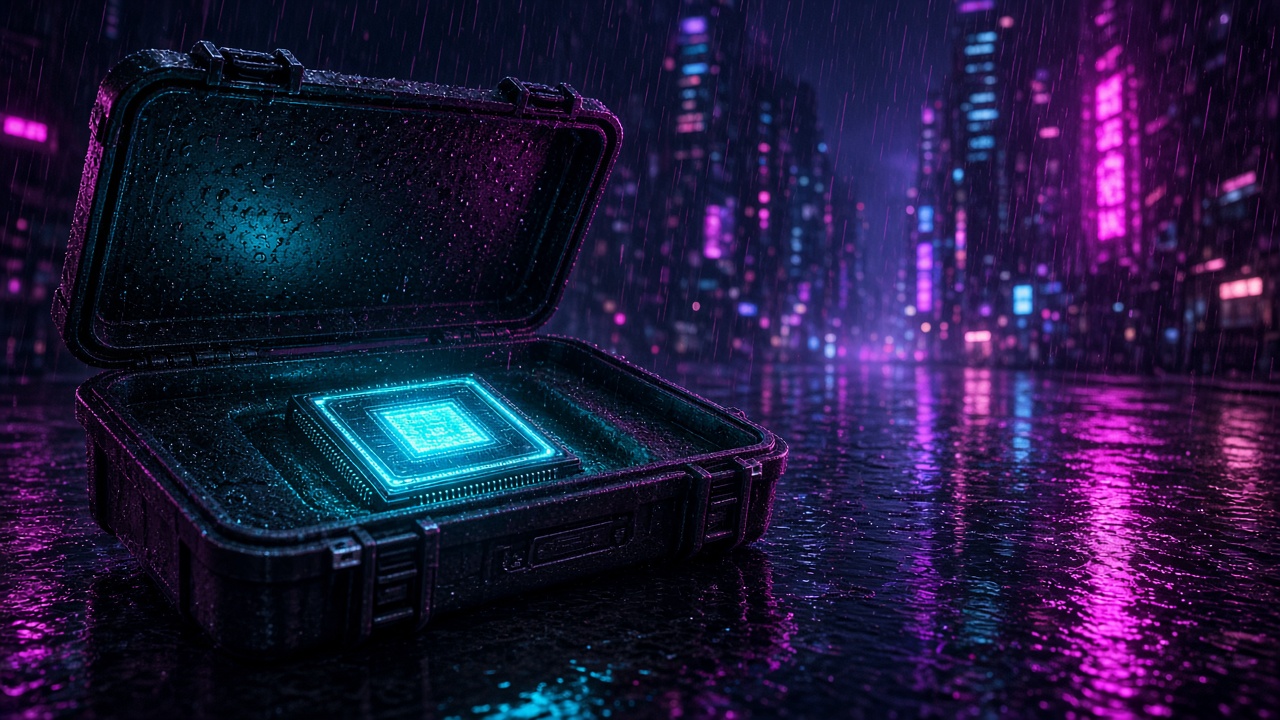 An open case on a neon street, with a glowing chip inside.