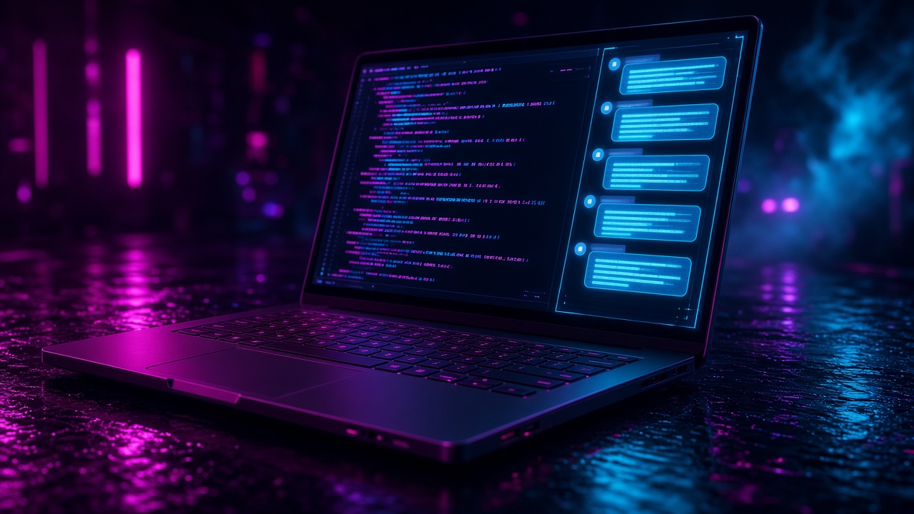A futuristic laptop in neon light, with a glowing chat sidebar beside the code.